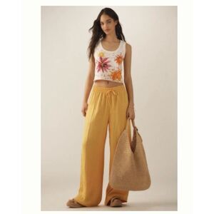 Anthropologie Textured Satin Pull On Pants Golden Yellow Size Large